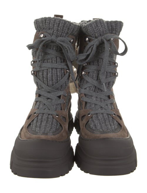 Brunello Cucinelli Suede Colorblock Pattern Combat Boots