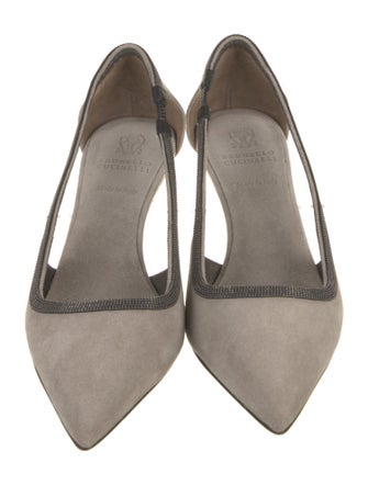 Brunello Cucinelli Suede Studded Accents Slingback Pumps