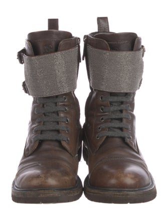 Brunello Cucinelli Leather Beaded Accents Combat Boots