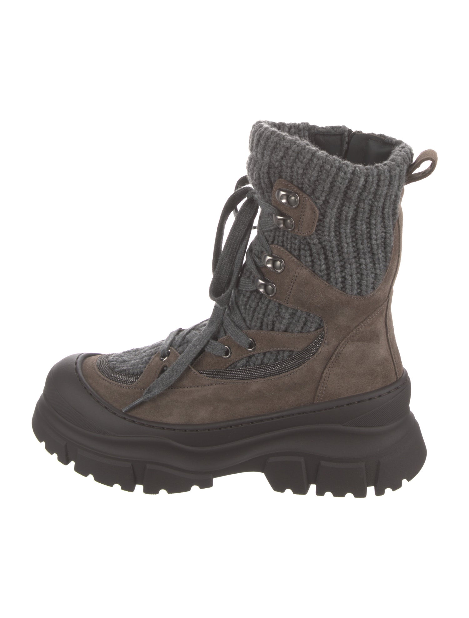 Brunello Cucinelli Suede Colorblock Pattern Combat Boots