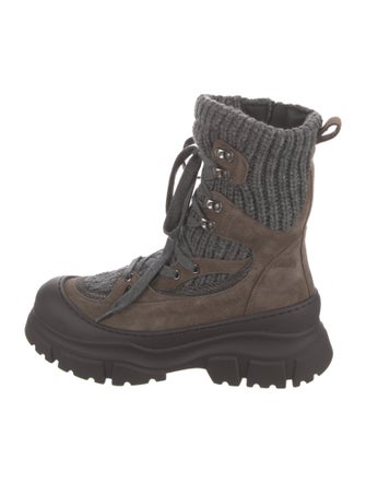 Brunello Cucinelli Suede Colorblock Pattern Combat Boots