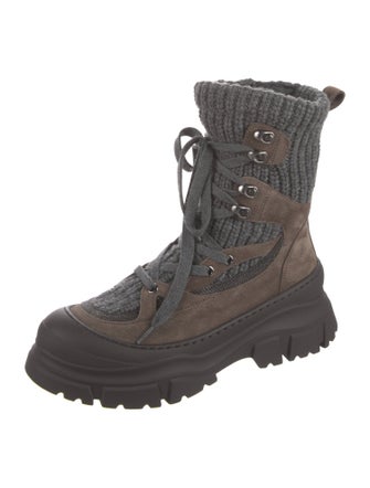 Brunello Cucinelli Suede Colorblock Pattern Combat Boots