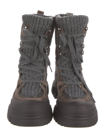 Brunello Cucinelli Suede Colorblock Pattern Combat Boots