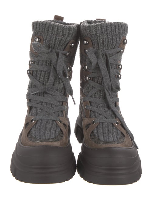 Brunello Cucinelli Suede Colorblock Pattern Combat Boots