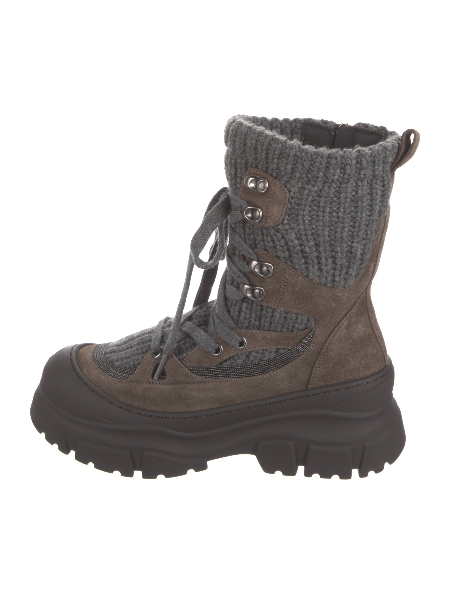 Brunello Cucinelli Suede Colorblock Pattern Combat Boots