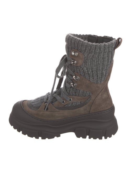 Brunello Cucinelli Suede Colorblock Pattern Combat Boots
