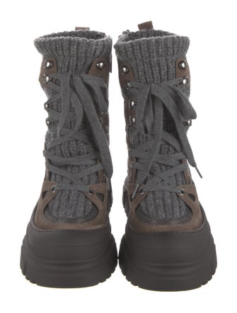 Brunello Cucinelli Suede Colorblock Pattern Combat Boots