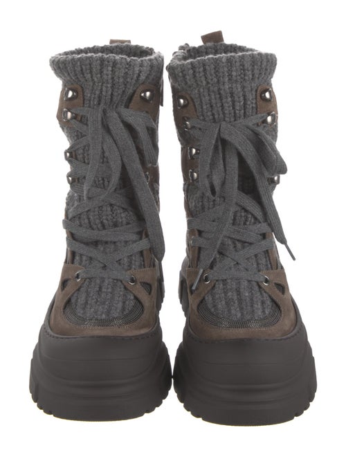 Brunello Cucinelli Suede Colorblock Pattern Combat Boots