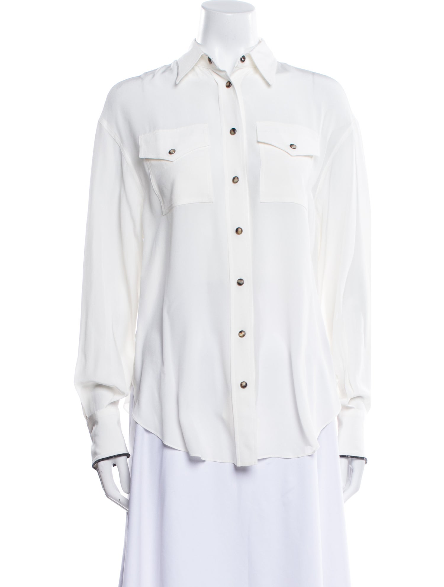 Brunello Cucinelli Silk Long Sleeve Button-Up Top