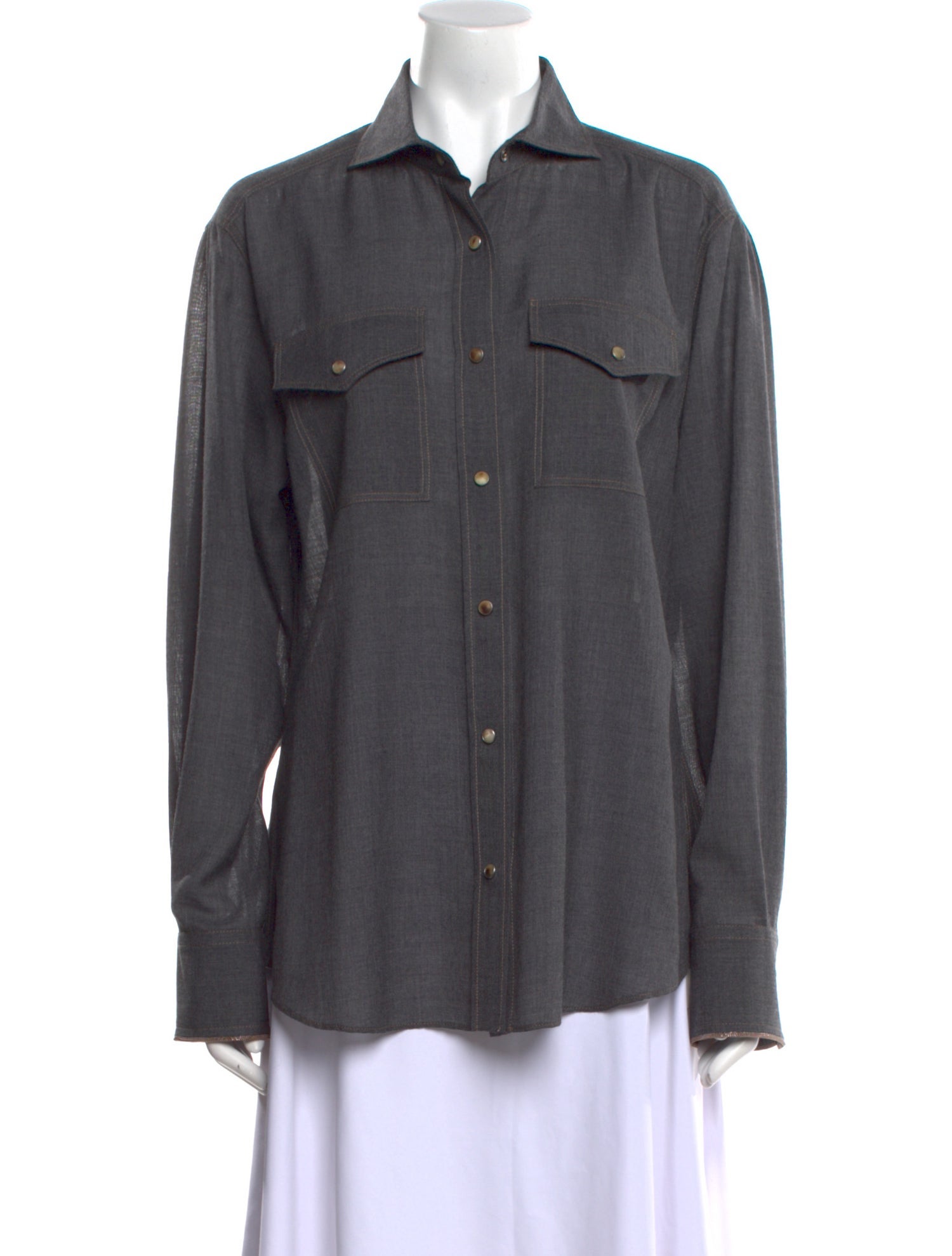 Brunello Cucinelli Virgin Wool Long Sleeve Button-Up Top