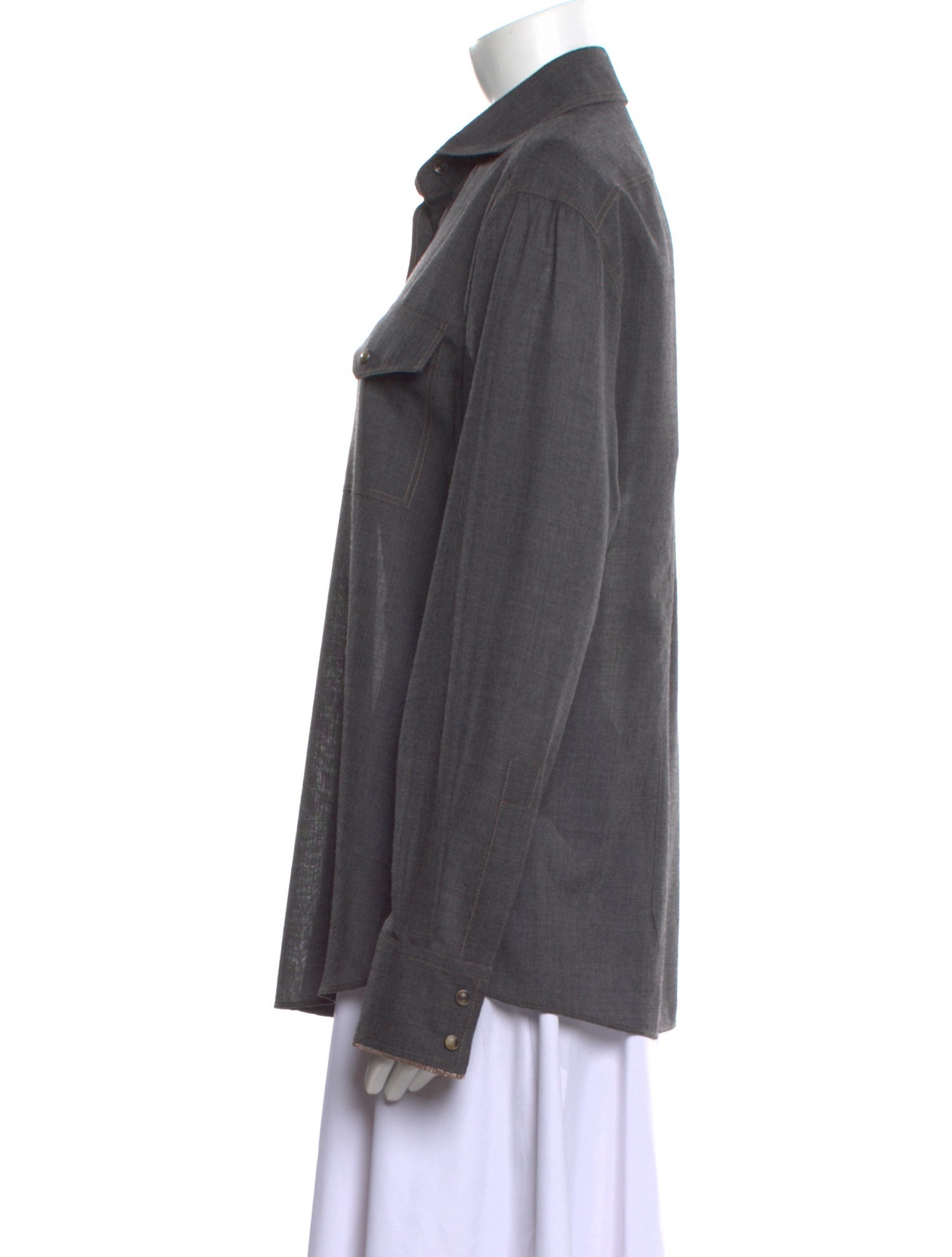 Brunello Cucinelli Virgin Wool Long Sleeve Button-Up Top