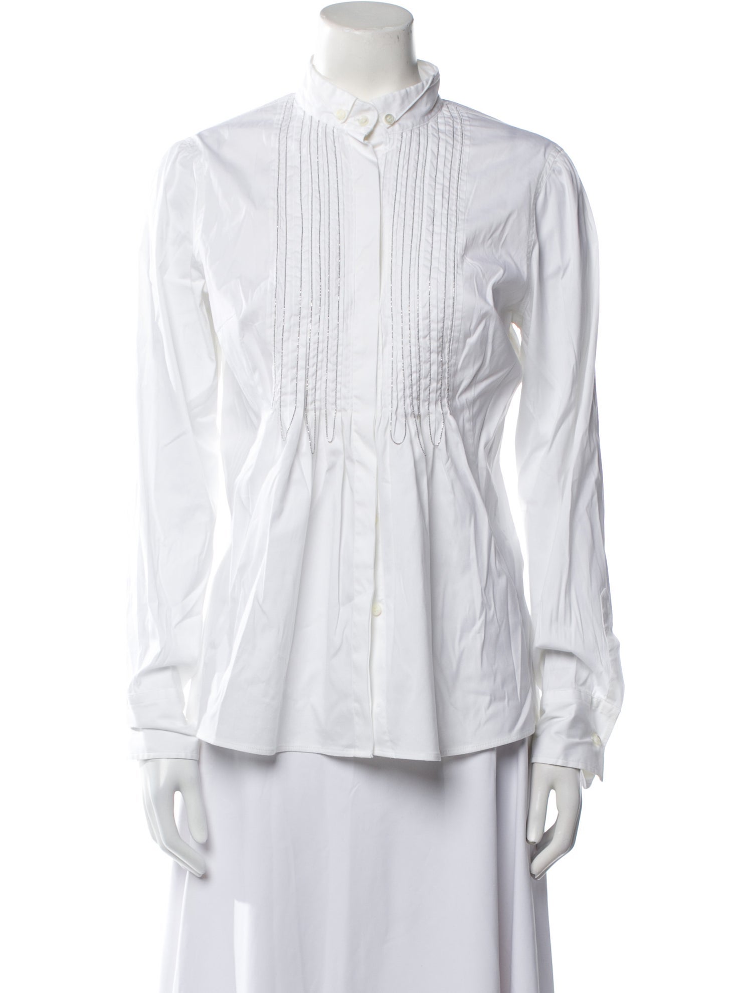 Brunello Cucinelli Mock Neck Long Sleeve Button-Up Top