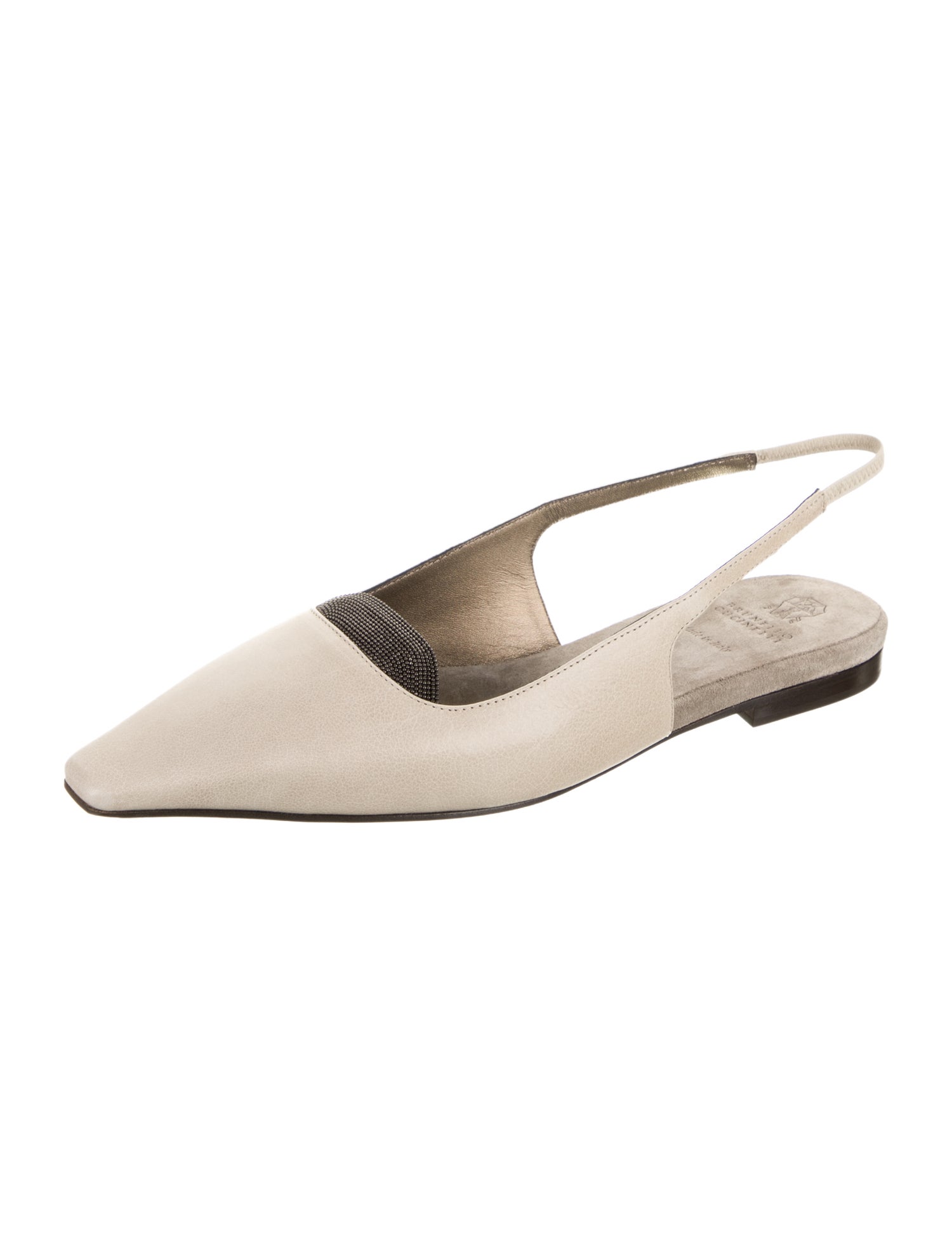 Brunello Cucinelli Leather Beaded Accents Slingback Flats