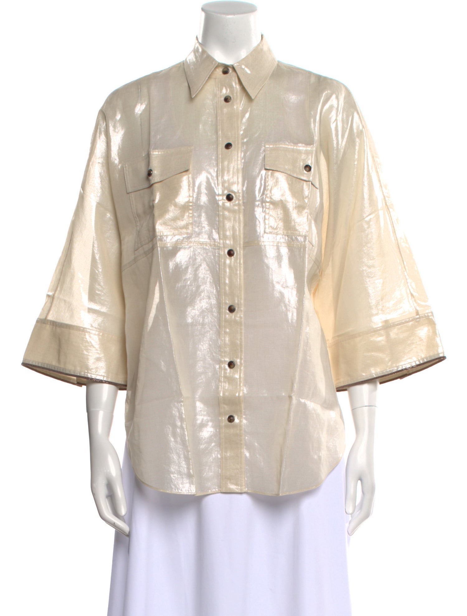 Brunello Cucinelli Three-Quarter Sleeve Button-Up Top w/ Tags