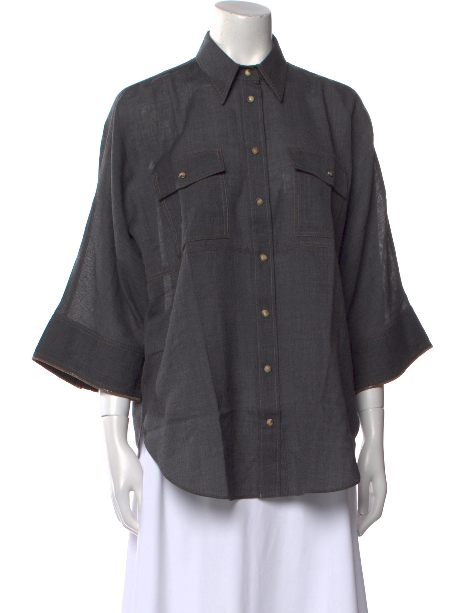 Brunello Cucinelli Virgin Wool Three-Quarter Sleeve Button-Up Top w/ Tags