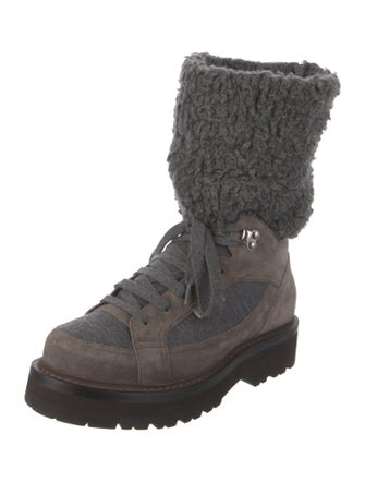 Brunello Cucinelli Suede Tweed Pattern Combat Boots