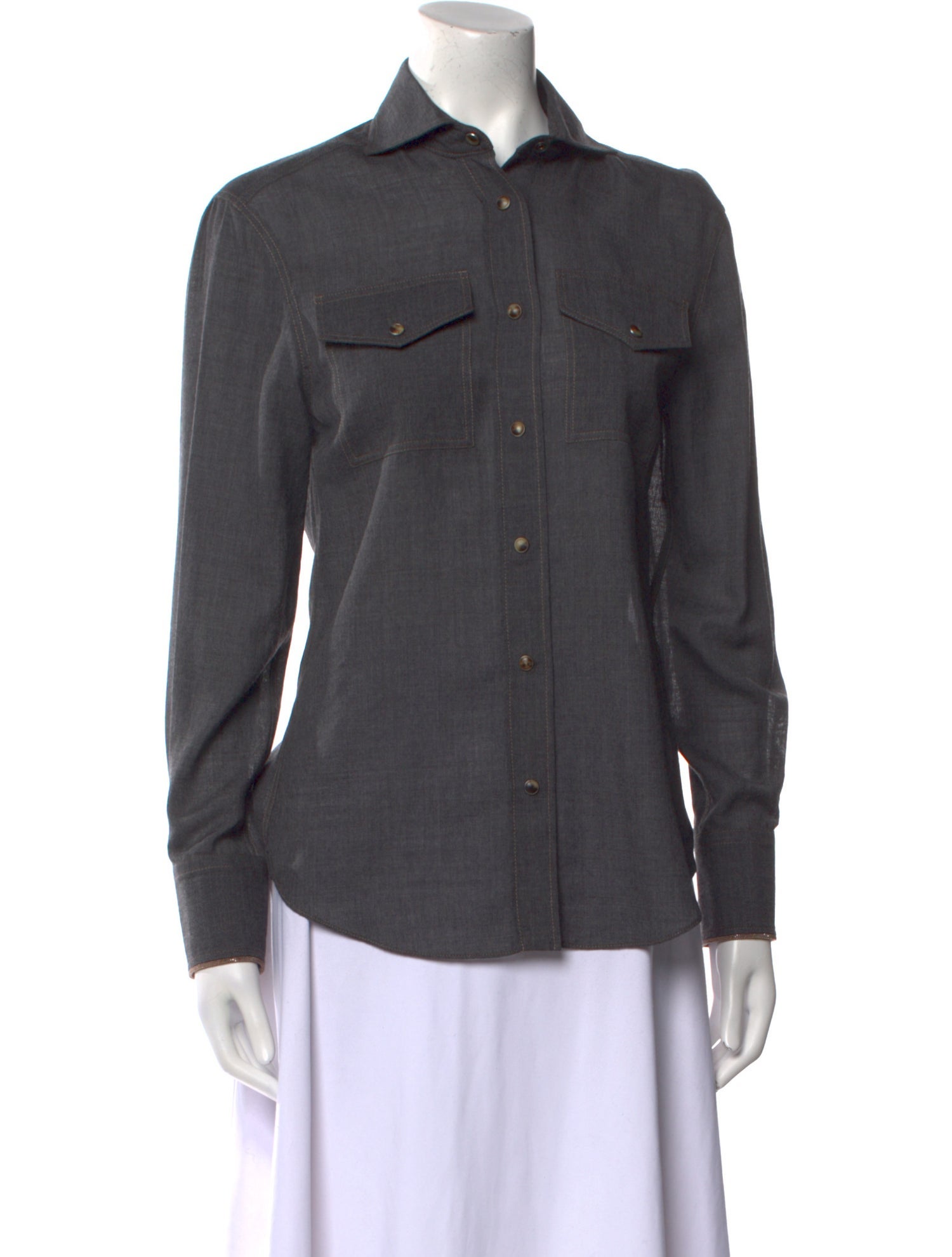 Brunello Cucinelli Virgin Wool Long Sleeve Button-Up Top w/ Tags
