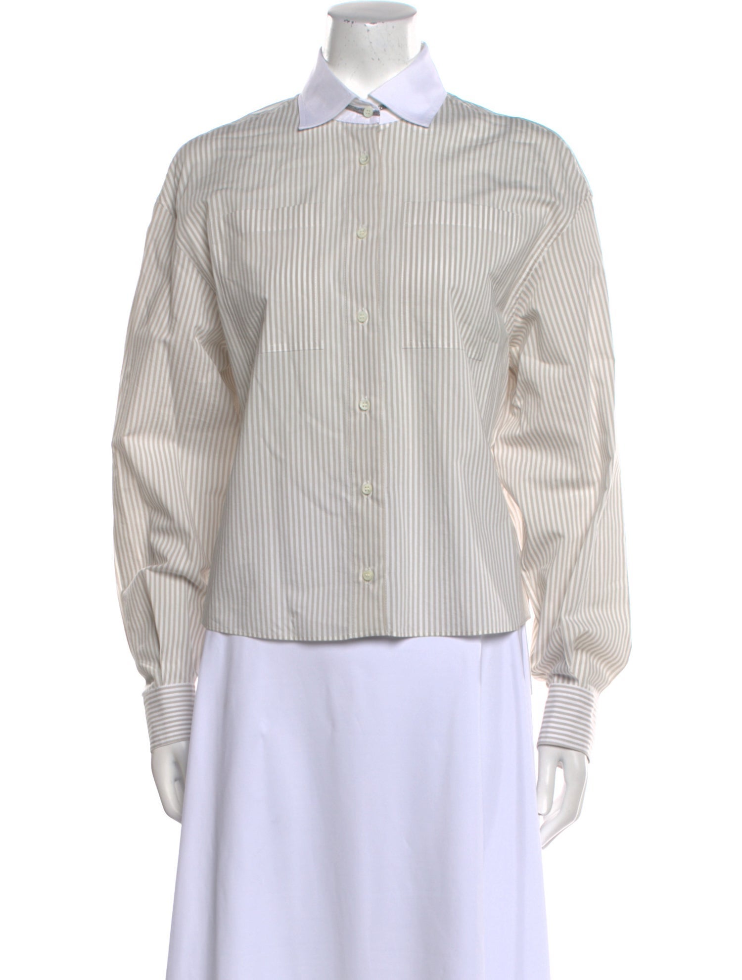 Brunello Cucinelli Striped Long Sleeve Button-Up Top
