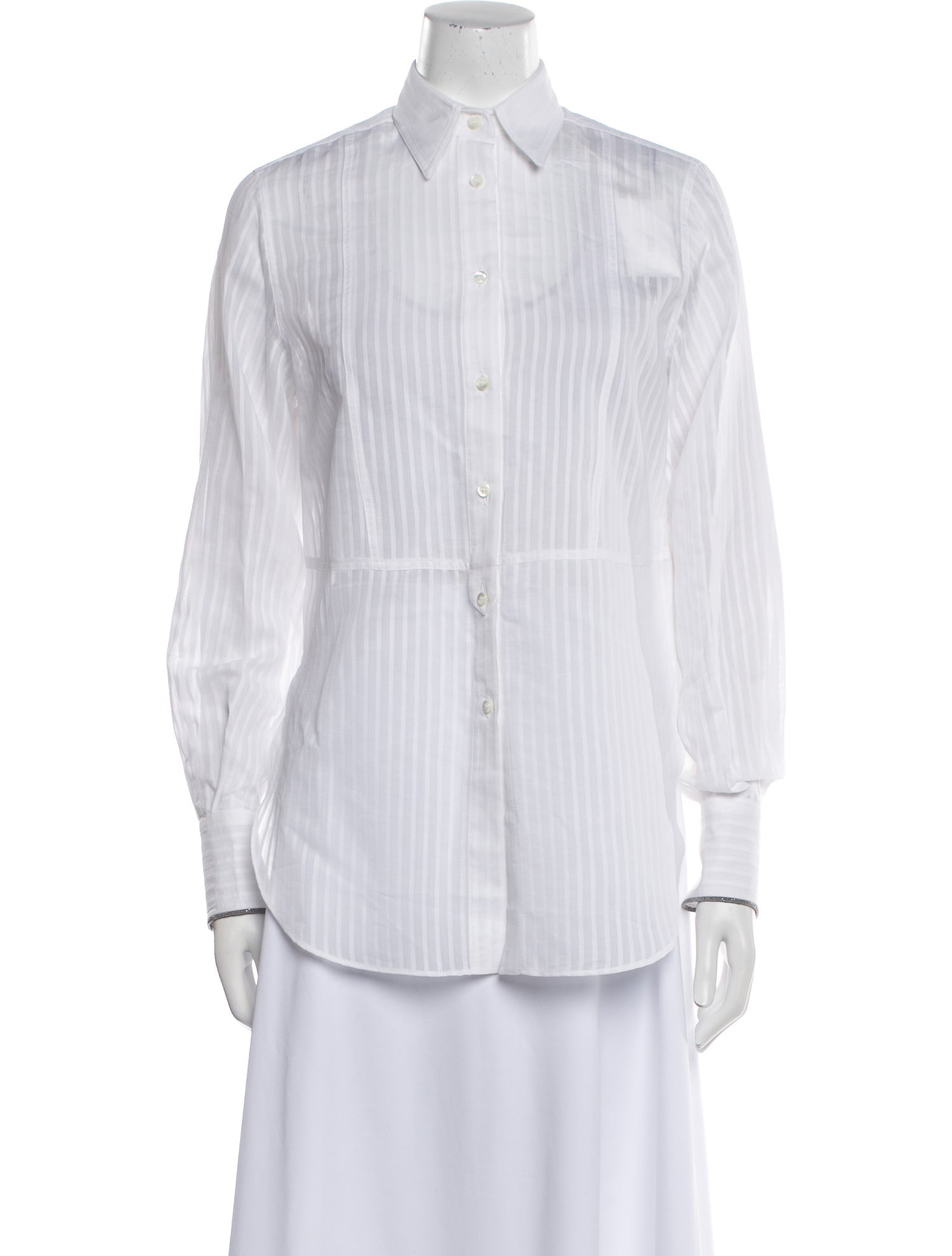 Brunello Cucinelli Striped Long Sleeve Button-Up Top