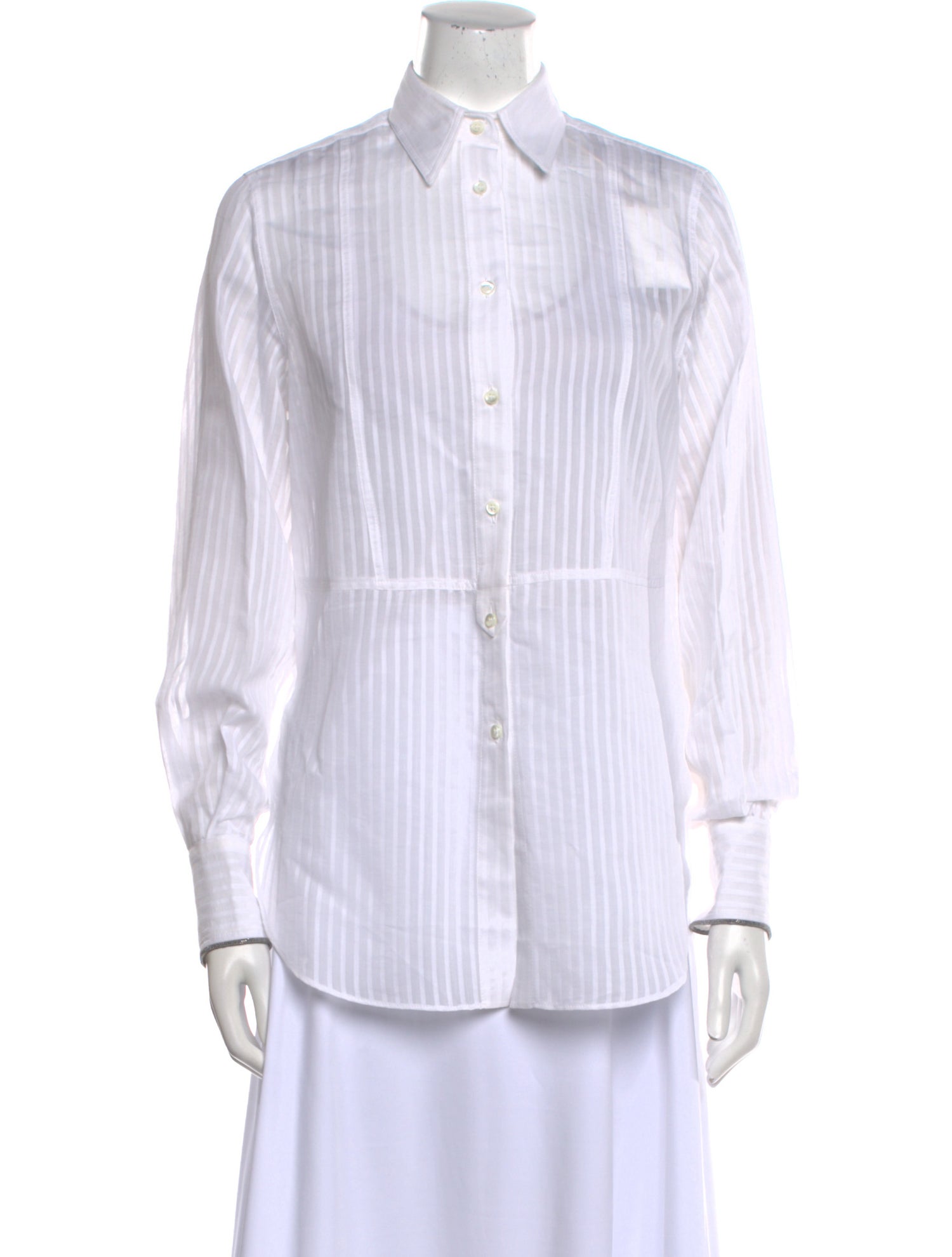 Brunello Cucinelli Striped Long Sleeve Button-Up Top