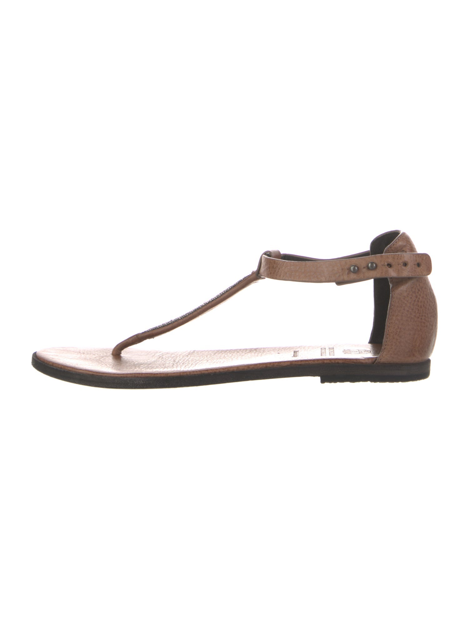 Brunello Cucinelli Monili Leather T-Strap Sandals