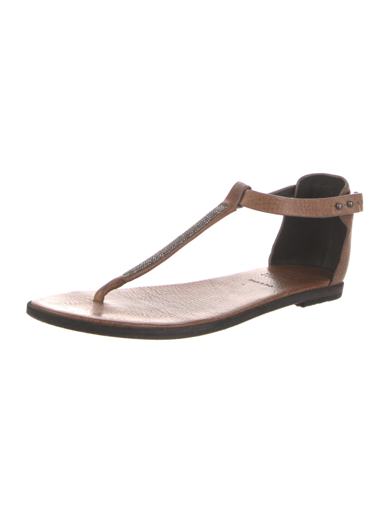 Brunello Cucinelli Monili Leather T-Strap Sandals