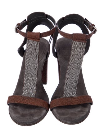 Brunello Cucinelli Monili Leather T-Strap Sandals