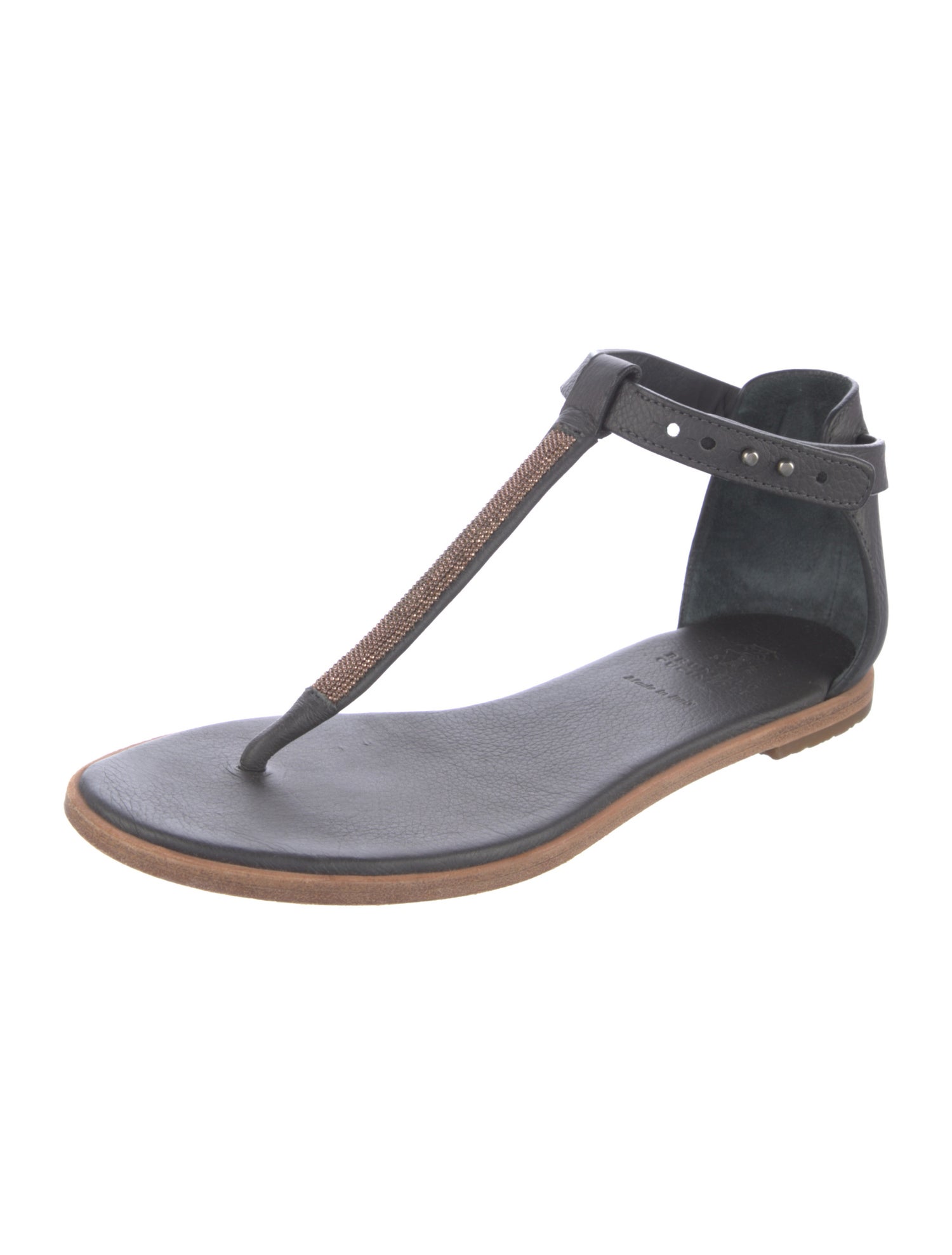 Brunello Cucinelli Monili Leather T-Strap Sandals