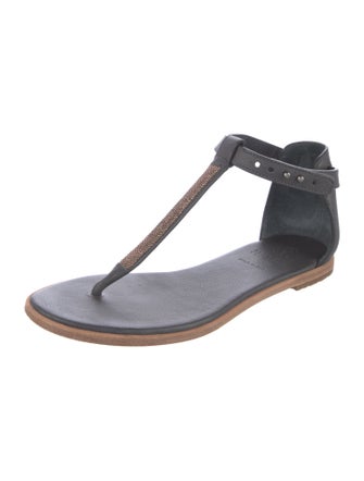Brunello Cucinelli Monili Leather T-Strap Sandals