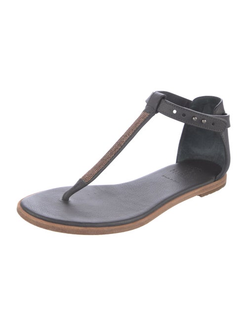 Brunello Cucinelli Monili Leather T-Strap Sandals
