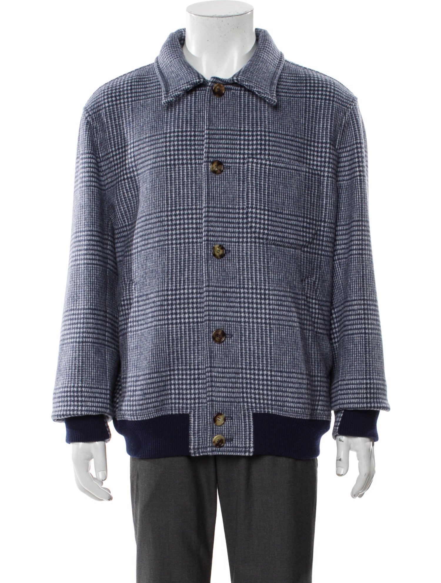 Brunello Cucinelli Wool Plaid Print Peacoat