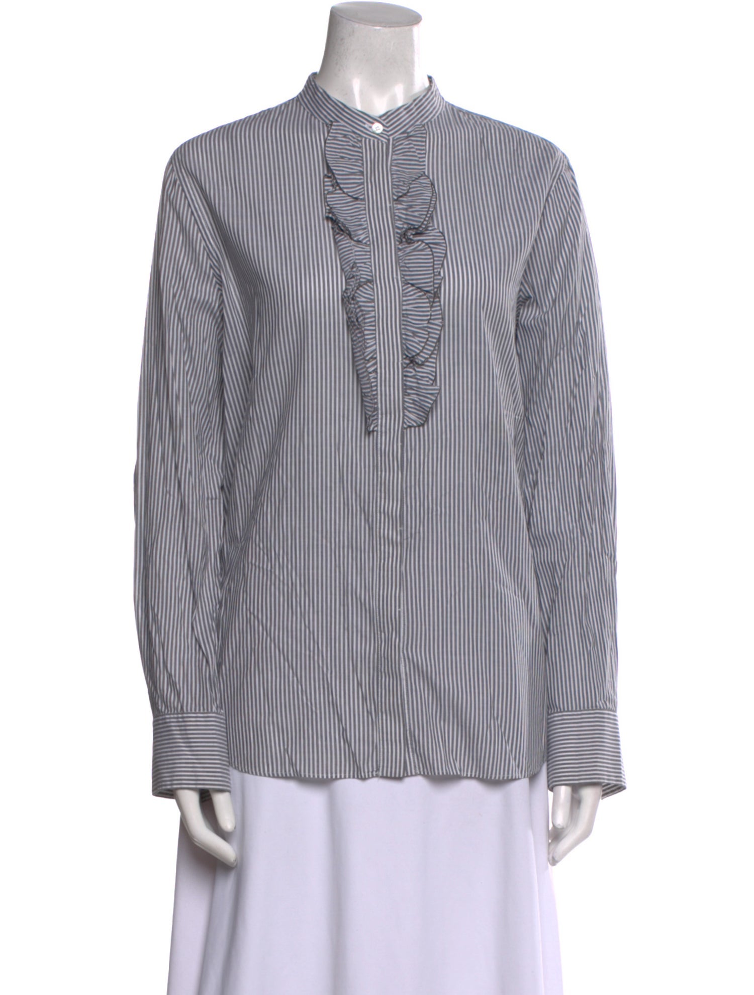 Brunello Cucinelli Striped Mock Neck Button-Up Top
