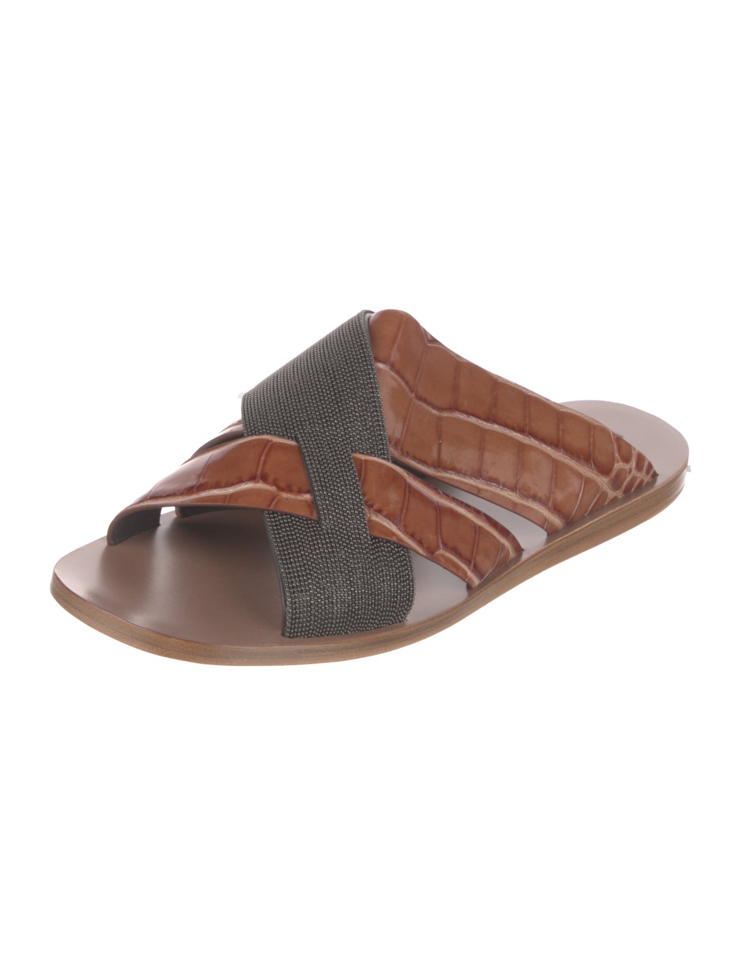 Brunello Cucinelli Monili Embossed Leather Slides