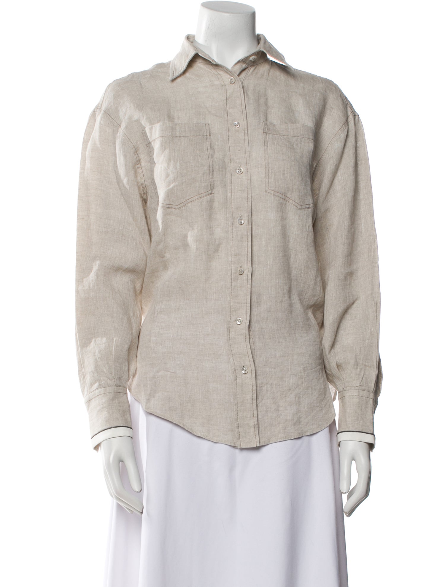 Brunello Cucinelli Linen Long Sleeve Button-Up Top