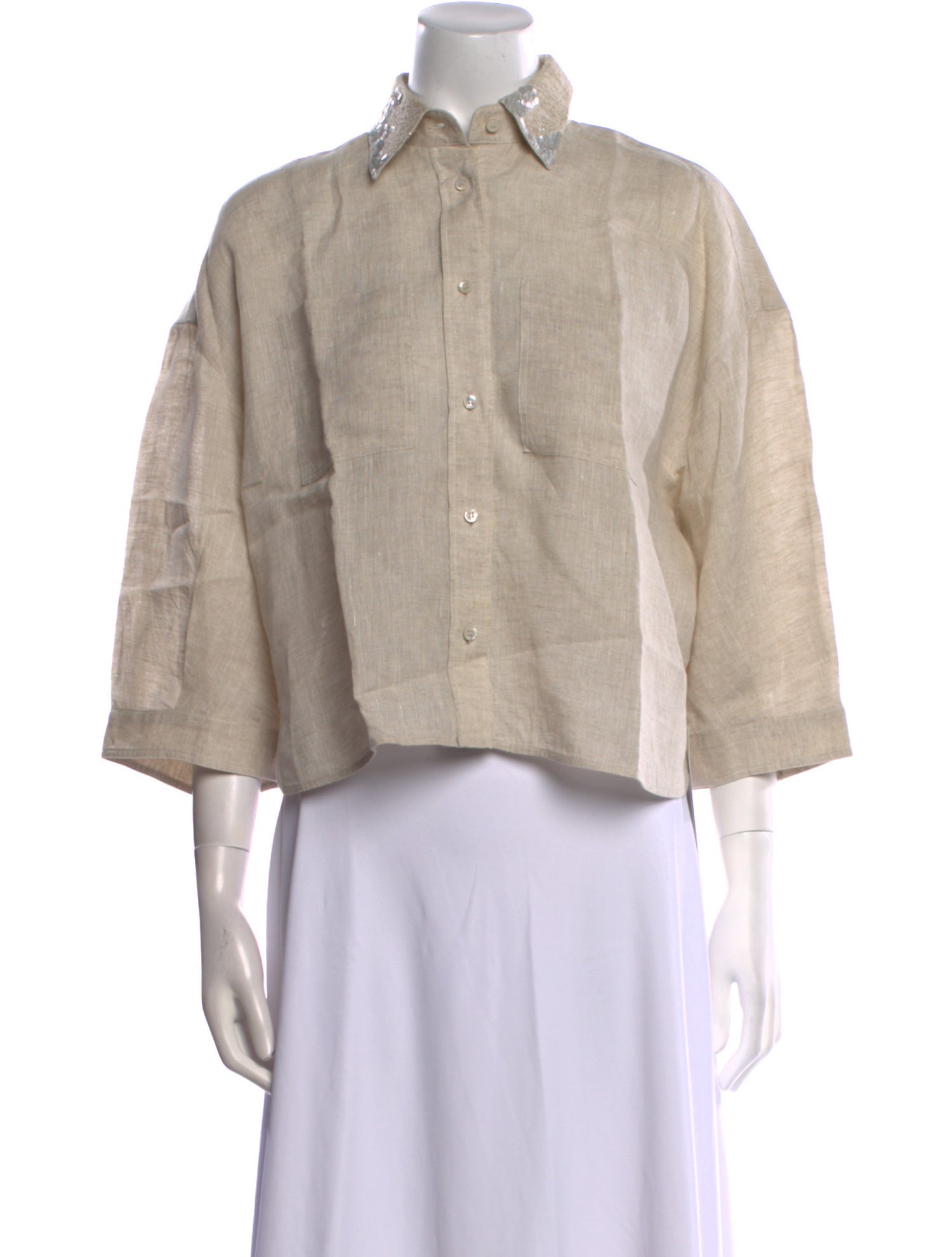 Brunello Cucinelli Linen Three-Quarter Sleeve Crop Top