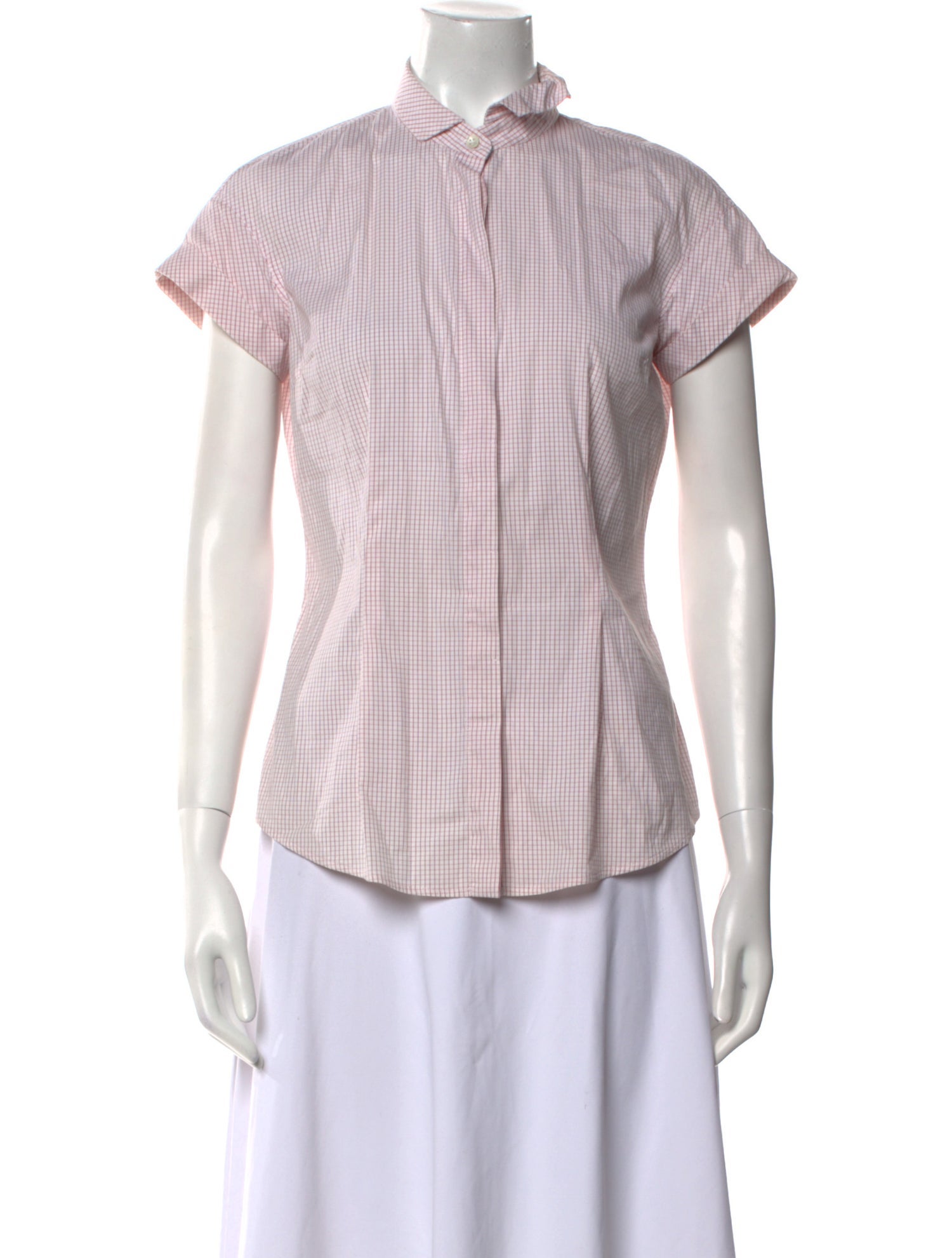 Brunello Cucinelli Plaid Print Short Sleeve Button-Up Top