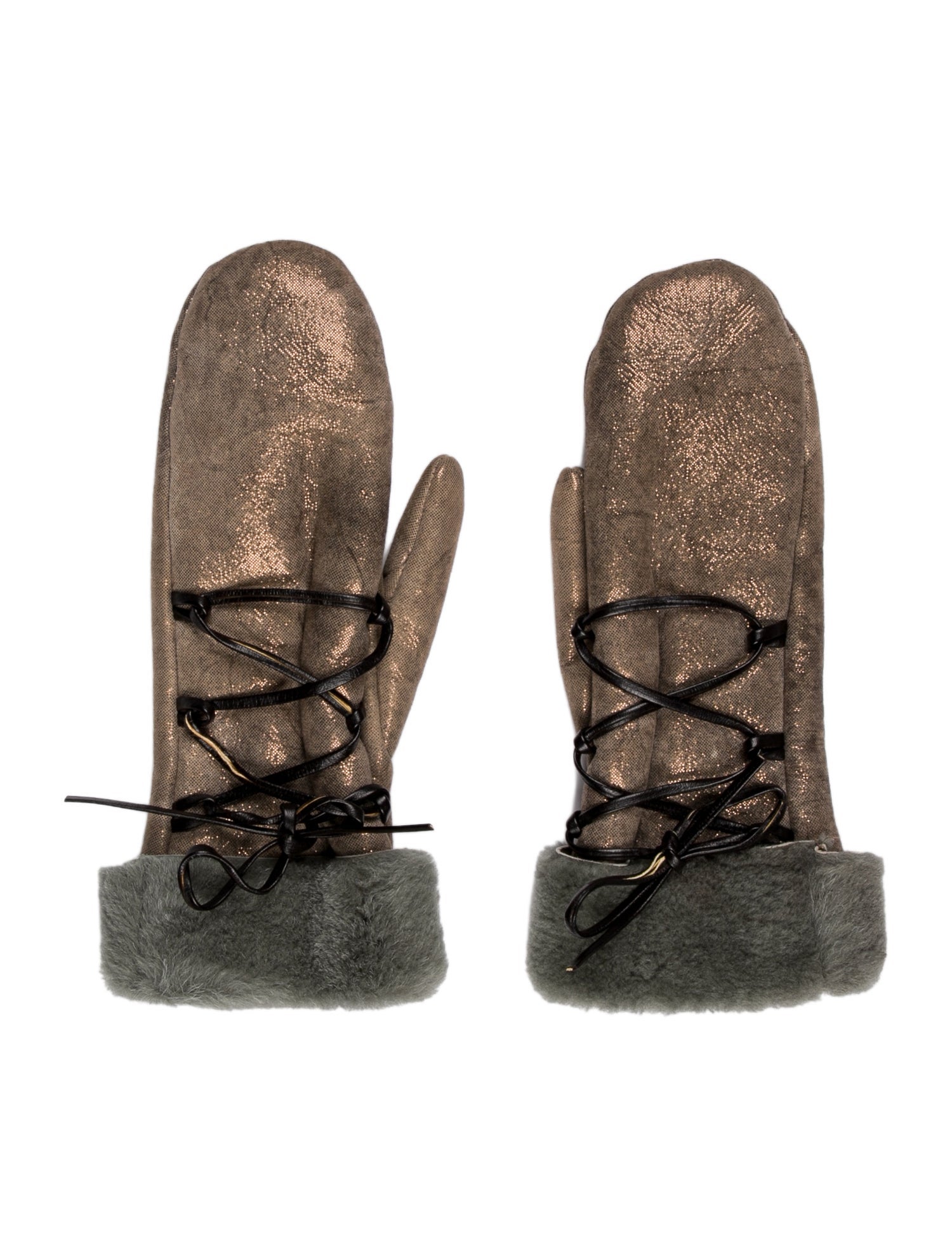 Brunello Cucinelli Real Leather Mittens With Fur Trim And Lace-up Detail