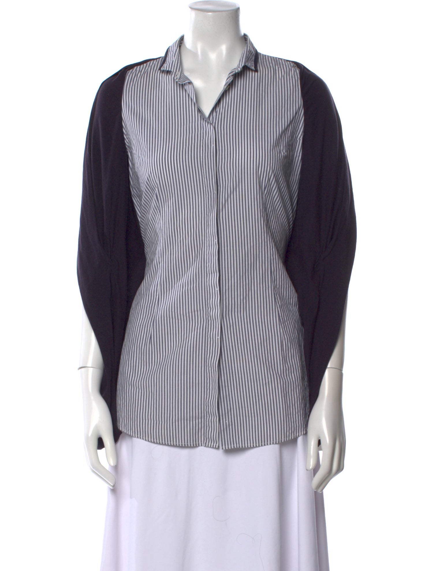 Brunello Cucinelli Striped Three-Quarter Sleeve Button-Up Top