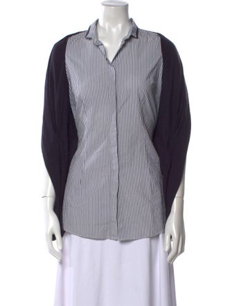 Brunello Cucinelli Striped Three-Quarter Sleeve Button-Up Top