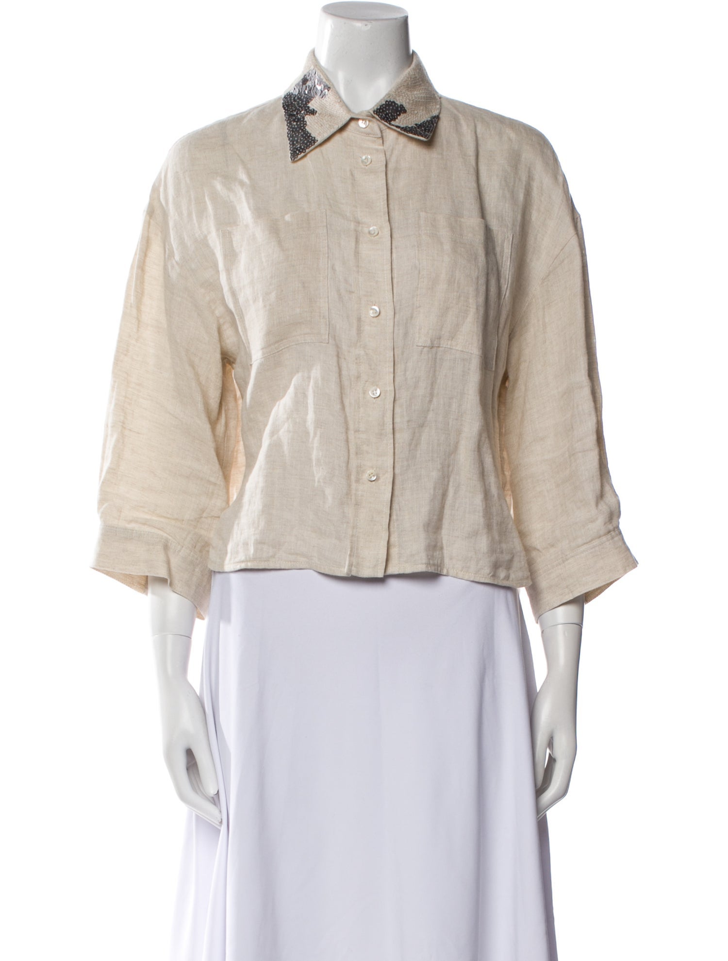 Brunello Cucinelli Three-Quarter Sleeve Button-Up Top