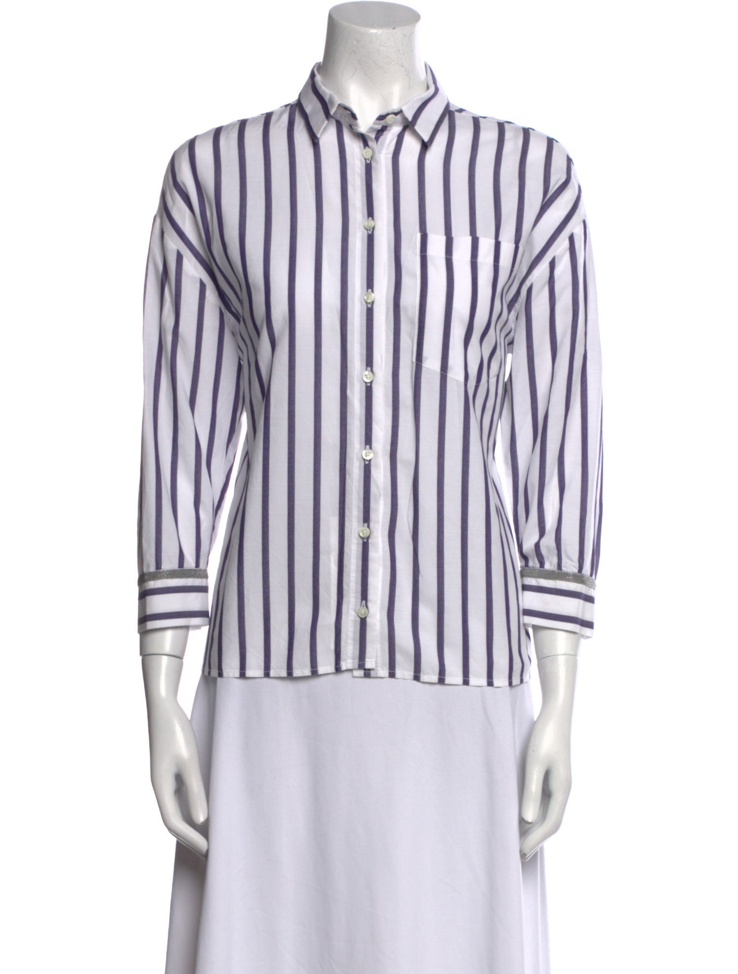Brunello Cucinelli Striped Three-Quarter Sleeve Button-Up Top