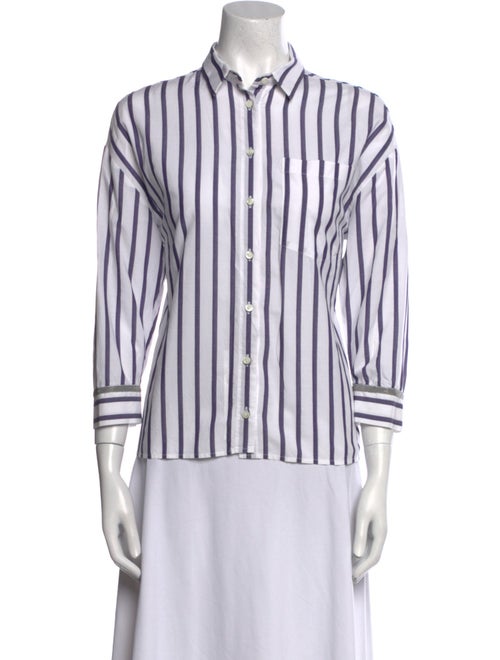 Brunello Cucinelli Striped Three-Quarter Sleeve Button-Up Top