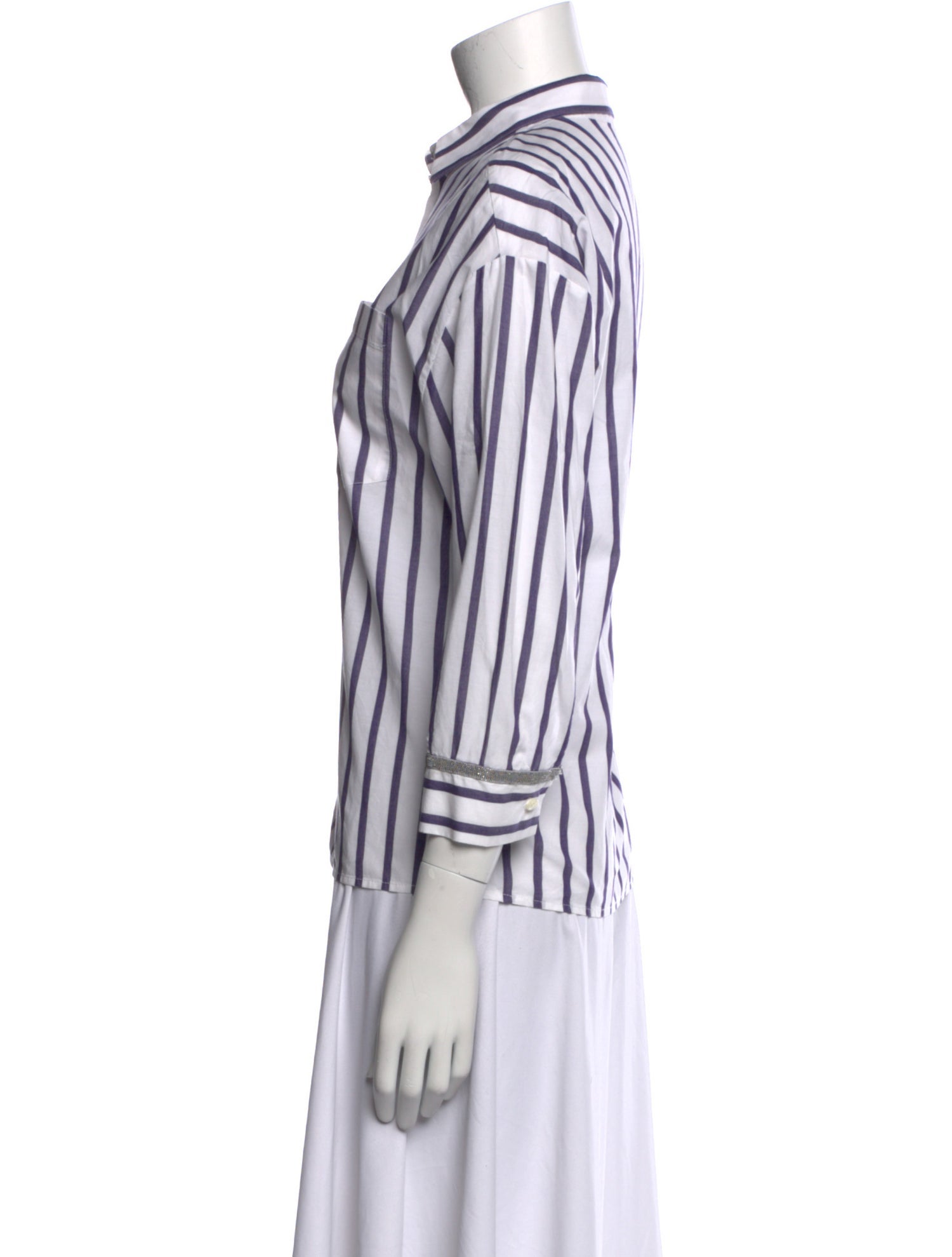 Brunello Cucinelli Striped Three-Quarter Sleeve Button-Up Top
