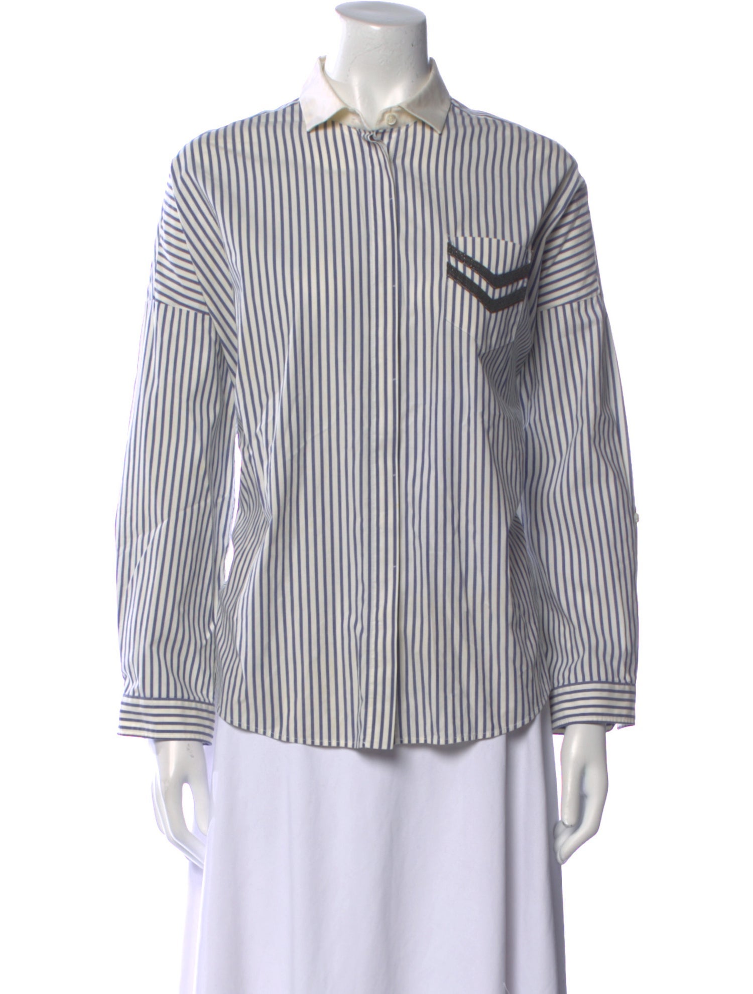 Brunello Cucinelli Striped Long Sleeve Button-Up Top