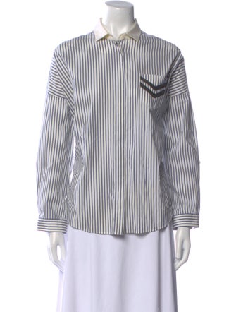 Brunello Cucinelli Striped Long Sleeve Button-Up Top