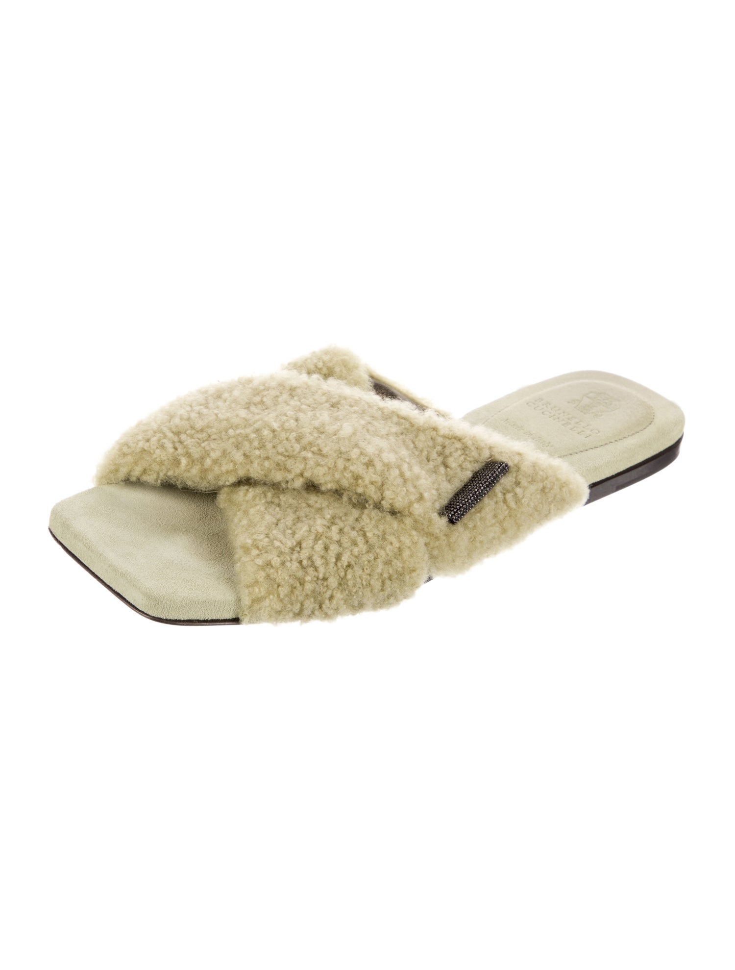 Brunello Cucinelli Shearling Beaded Accents Slides