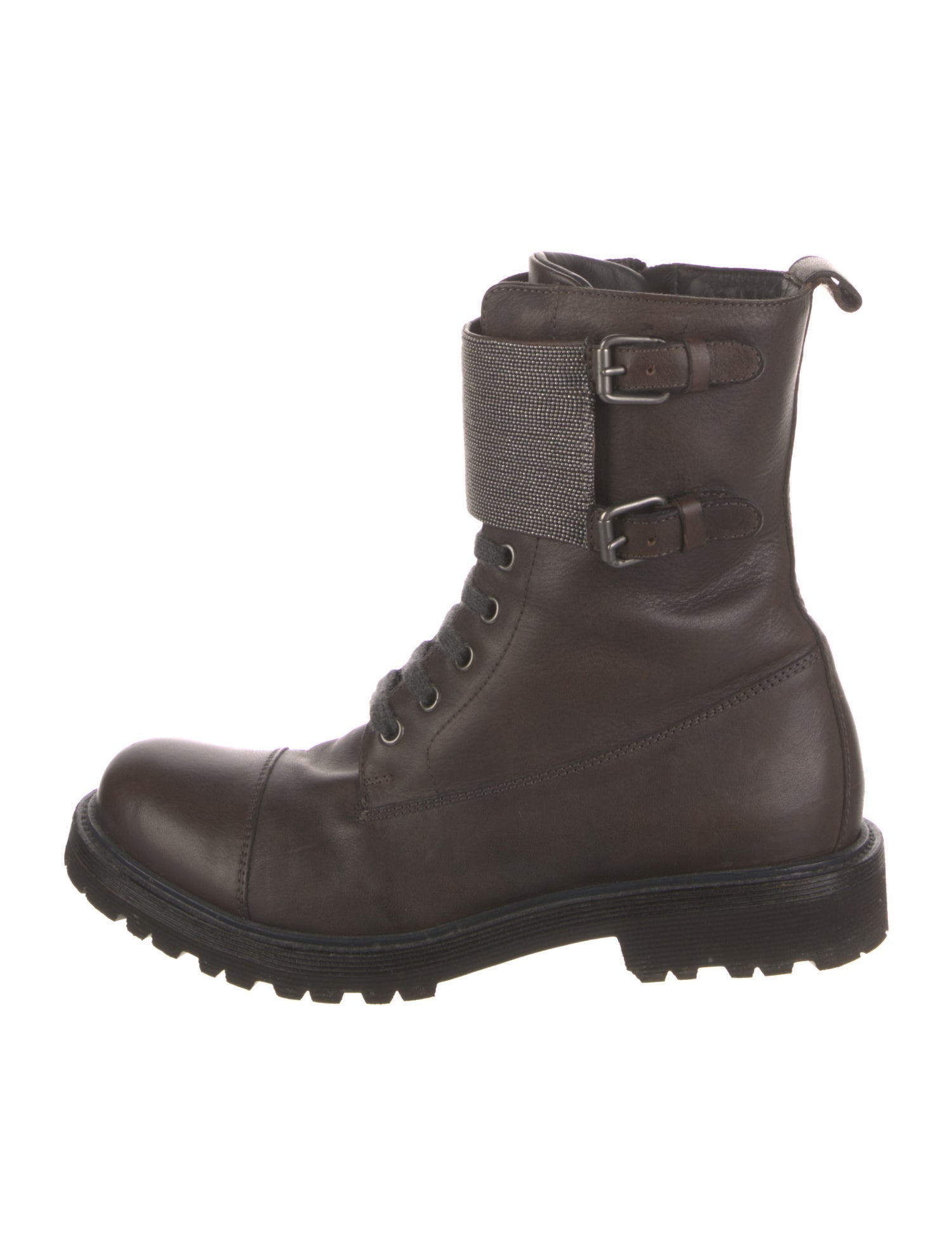 Brunello Cucinelli Leather Crystal Embellishments Combat Boots