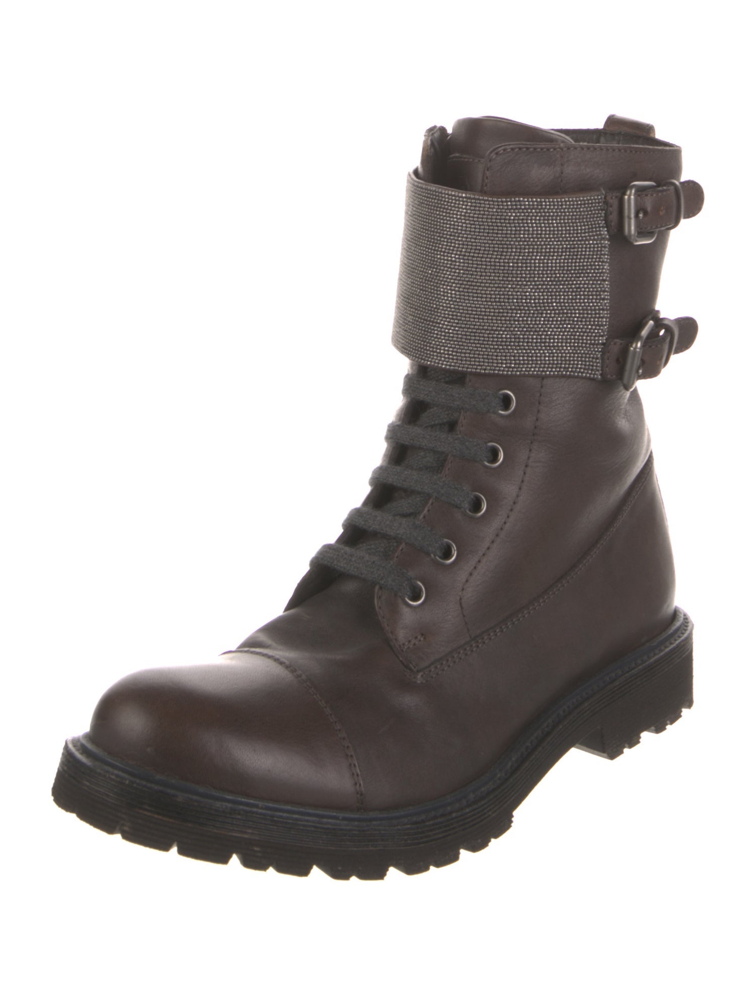 Brunello Cucinelli Leather Crystal Embellishments Combat Boots