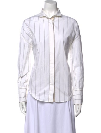 Brunello Cucinelli Striped Long Sleeve Button-Up Top
