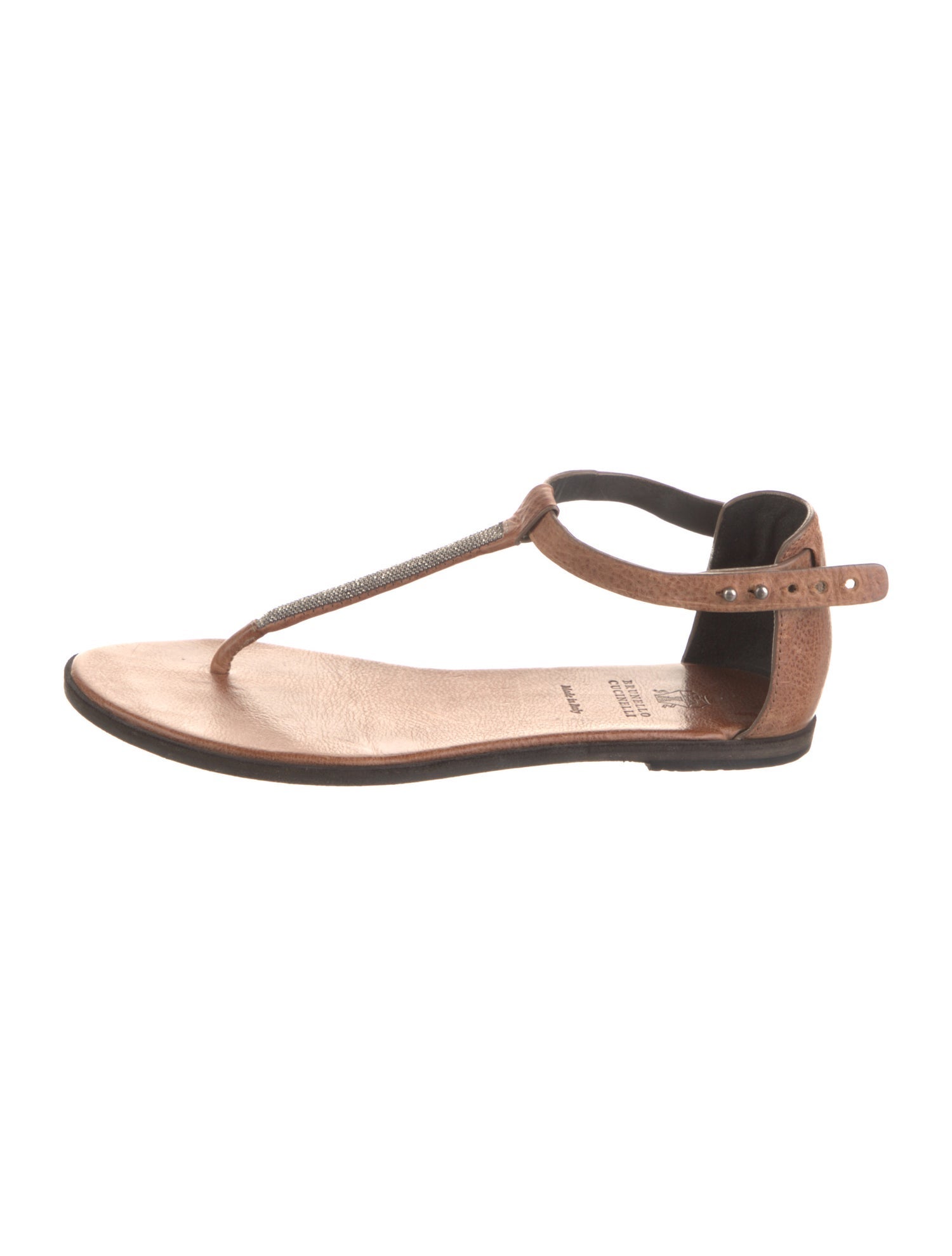 Brunello Cucinelli Monili Leather T-Strap Sandals